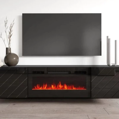 Závesný TV stolík s elektrickým krbom WANDER - čierny / lesklý čierny