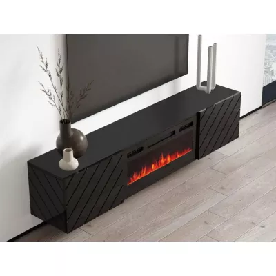 Závesný TV stolík s elektrickým krbom WANDER - čierny / lesklý čierny