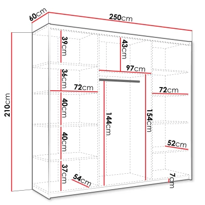 Zrkadlová šatníková skriňa 250 cm MILVEA - biela