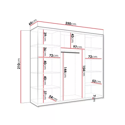 Zrkadlová šatníková skriňa 250 cm MILVEA - biela