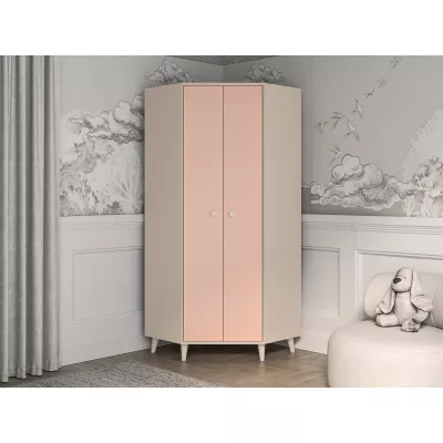 Rohová šatníková skriňa 80 cm do detskej izby OLIVIA - béžová / ružová