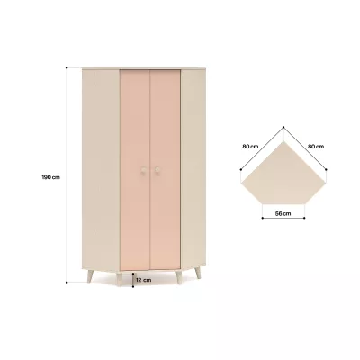 Rohová šatníková skriňa 80 cm do detskej izby OLIVIA - béžová / ružová