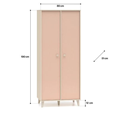 Dvojdverová šatníková skriňa 80 cm do detskej izby OLIVIA - béžová / ružová