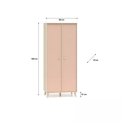 Dvojdverová šatníková skriňa 80 cm do detskej izby OLIVIA - béžová / ružová