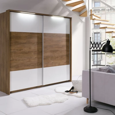 Šatníková skriňa s osvetlením 230 cm ISANTI - dub bordeaux / lesklá biela