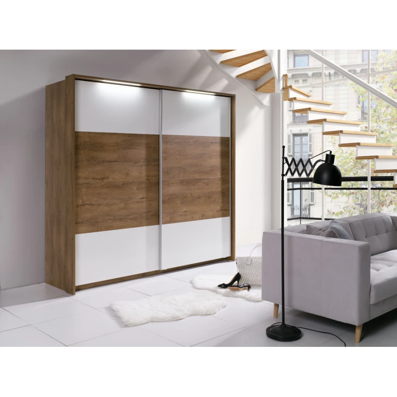 Šatníková skriňa s osvetlením 230 cm ISANTI - dub bordeaux / lesklá biela