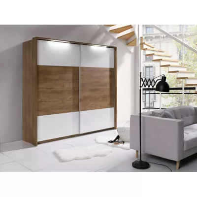 Šatníková skriňa s osvetlením 230 cm ISANTI - dub bordeaux / lesklá biela