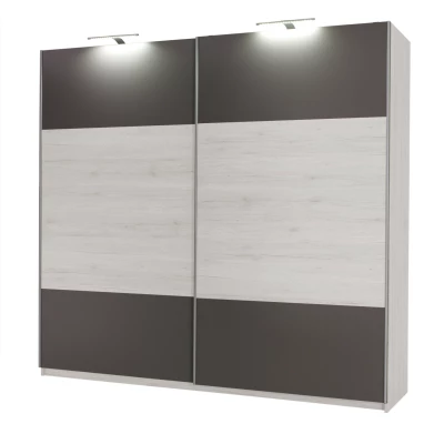 Široká šatníková skriňa 225 cm KIMBALL - nórska borovica / šedá + LED osvetlenie ZDARMA