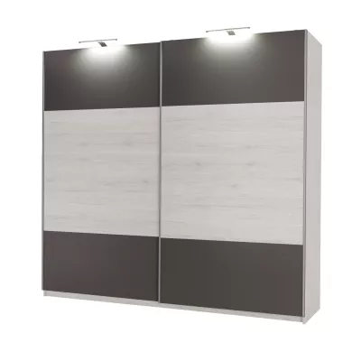 Široká šatníková skriňa 225 cm KIMBALL - nórska borovica / šedá + LED osvetlenie ZDARMA
