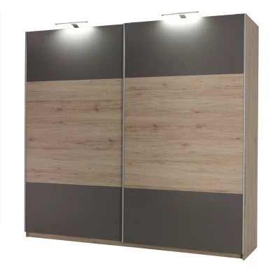 Široká šatníková skriňa 225 cm KIMBALL - dub san remo / šedá + LED osvetlenie ZDARMA