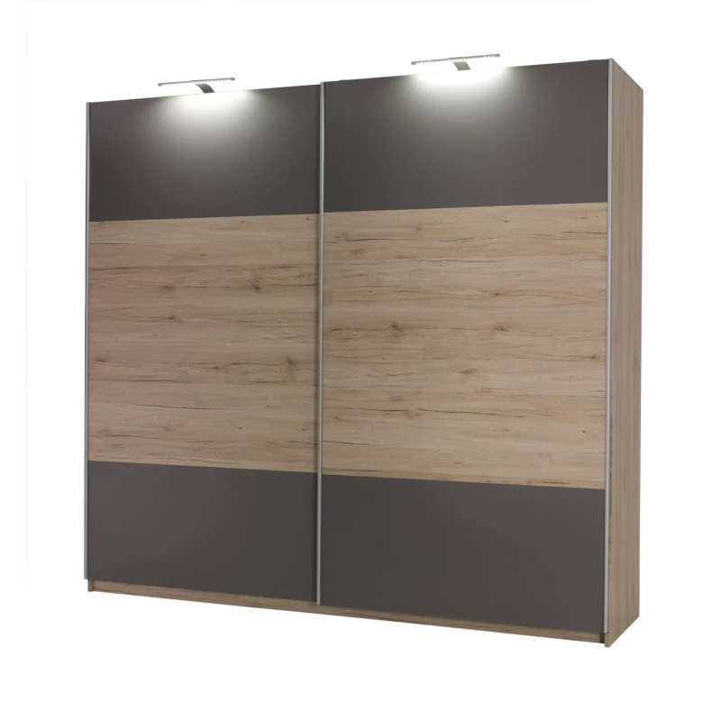 Široká šatníková skriňa 225 cm KIMBALL - dub san remo / šedá + LED osvetlenie ZDARMA