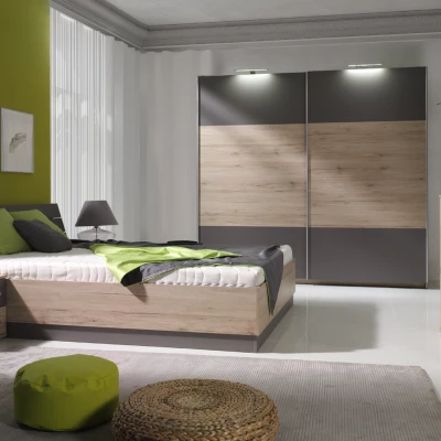 Široká šatníková skriňa 225 cm KIMBALL - dub san remo / šedá + LED osvetlenie ZDARMA