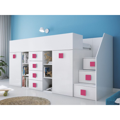 Detská poschodová posteľ s úložným priestorom a písacím stolom Willy - ružové úchyty pravá
