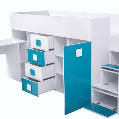 Detská poschodová posteľ s úložným priestorom a písacím stolom Willy- modré úchyty pravá
