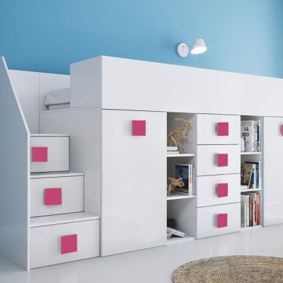 Detská poschodová posteľ s úložným priestorom a písacím stolom Willy - ružové úchyty ľavá