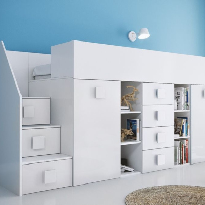 Detská poschodová posteľ s úložným priestorom a písacím stolom Willy - biela ľavá