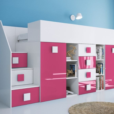 Detská poschodová posteľ s úložným priestorom a písacím stolom Willy - ružová ľavá