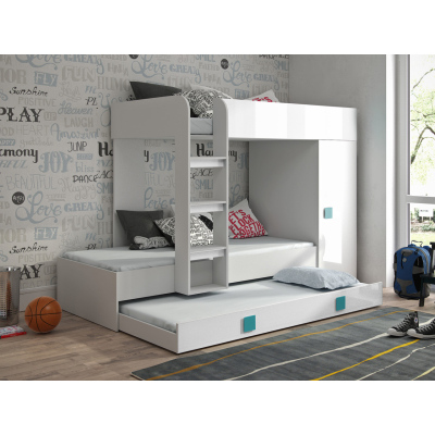 Detská poschodová posteľ s úložným priestorom Lena - biela - modré úchyty