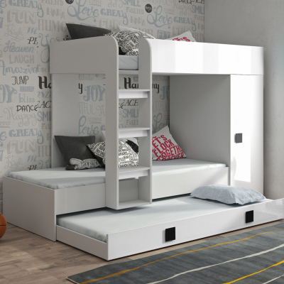 Detská poschodová posteľ s úložným priestorom Lena - biela - čierne úchyty