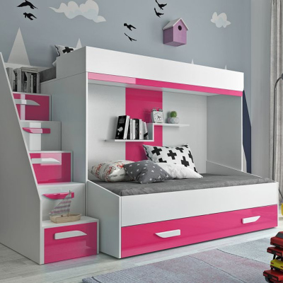 Detská poschodová posteľ s úložným priestorom Derry - biela/ ružová