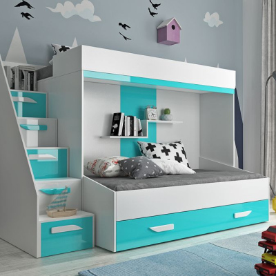 Detská poschodová posteľ s úložným priestorom Derry  - biela/tyrkys