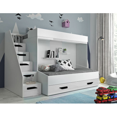 Detská poschodová posteľ s úložným priestorom Derry  - biela/čierne úchyty