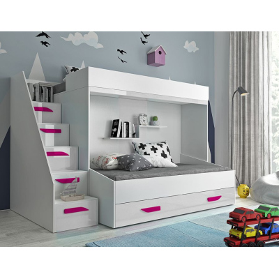 Detská poschodová posteľ s úložným priestorom Derry - biela/ružové úchyty
