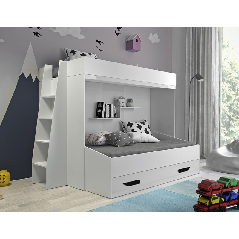Poschodová posteľ s úložným priestorom Lada - biela/čierne úchyty