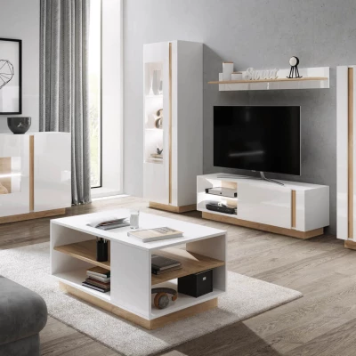 Televízny stolík 138 cm DOTHAN - dub grandson / biely / lesklý biely