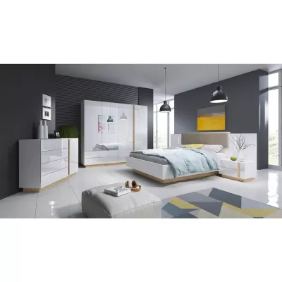 Šatníková skriňa so zrkadlom 220 cm DOTHAN - dub grandson / biela / lesklá biela