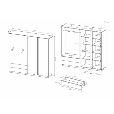 Šatníková skriňa so zrkadlom 220 cm DOTHAN - dub grandson / biela / lesklá biela