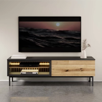 TV stolík 180 cm DEMOPOLIS - dub evoke / čierny + LED osvetlenie ZDARMA