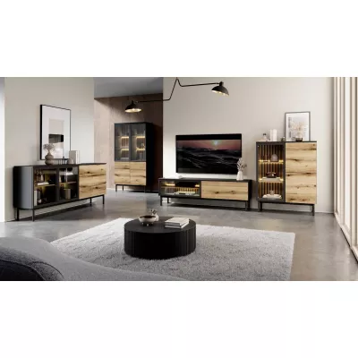 TV stolík 180 cm DEMOPOLIS - dub evoke / čierny + LED osvetlenie ZDARMA