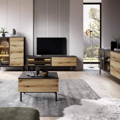 TV stolík 150 cm DEMOPOLIS - dub evoke / čierny + LED osvetlenie ZDARMA