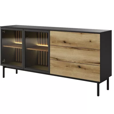 Presklená komoda 180 cm DEMOPOLIS - dub evoke / čierna + LED osvetlenie ZDARMA