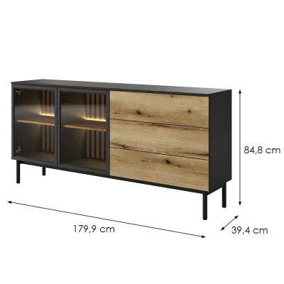 Presklená komoda 180 cm DEMOPOLIS - dub evoke / čierna + LED osvetlenie ZDARMA