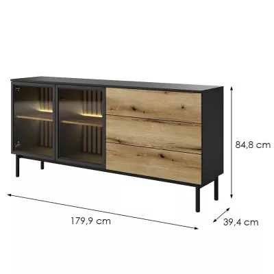 Presklená komoda 180 cm DEMOPOLIS - dub evoke / čierna + LED osvetlenie ZDARMA