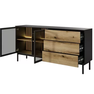 Presklená komoda 180 cm DEMOPOLIS - dub evoke / čierna + LED osvetlenie ZDARMA