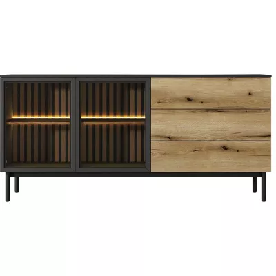 Presklená komoda 180 cm DEMOPOLIS - dub evoke / čierna + LED osvetlenie ZDARMA