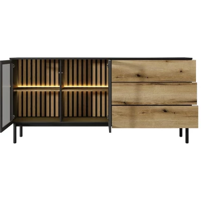 Presklená komoda 180 cm DEMOPOLIS - dub evoke / čierna + LED osvetlenie ZDARMA