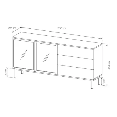 Presklená komoda 180 cm DEMOPOLIS - dub evoke / čierna + LED osvetlenie ZDARMA