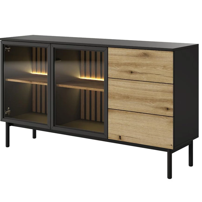 Presklená komoda 150 cm DEMOPOLIS - dub evoke / čierna + LED osvetlenie ZDARMA