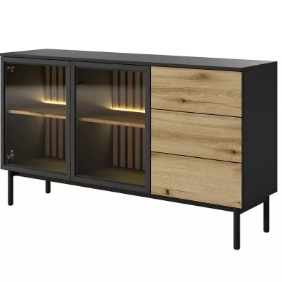 Presklená komoda 150 cm DEMOPOLIS - dub evoke / čierna + LED osvetlenie ZDARMA
