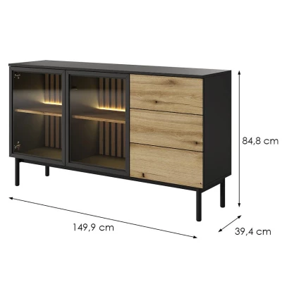 Presklená komoda 150 cm DEMOPOLIS - dub evoke / čierna + LED osvetlenie ZDARMA