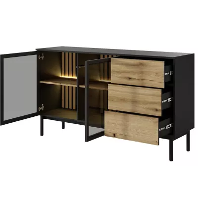 Presklená komoda 150 cm DEMOPOLIS - dub evoke / čierna + LED osvetlenie ZDARMA