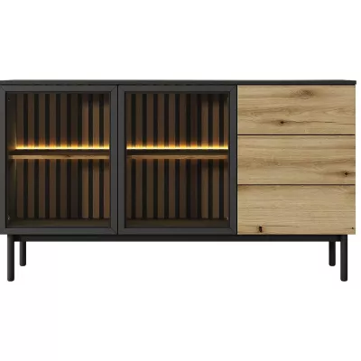 Presklená komoda 150 cm DEMOPOLIS - dub evoke / čierna + LED osvetlenie ZDARMA