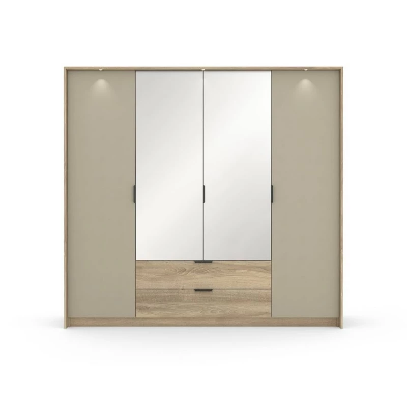 Veľká zrkadlová šatníková skriňa 220 cm PRATTVILE - dub terra / kamenná šedá