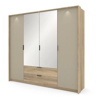 Veľká zrkadlová šatníková skriňa 220 cm PRATTVILE - dub terra / kamenná šedá