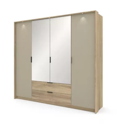 Veľká zrkadlová šatníková skriňa 220 cm PRATTVILE - dub terra / kamenná šedá