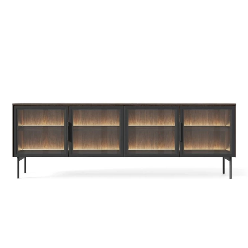 Presklený TV stolík SULIGENT - dub dunin / čierny + LED osvetlenie ZDARMA